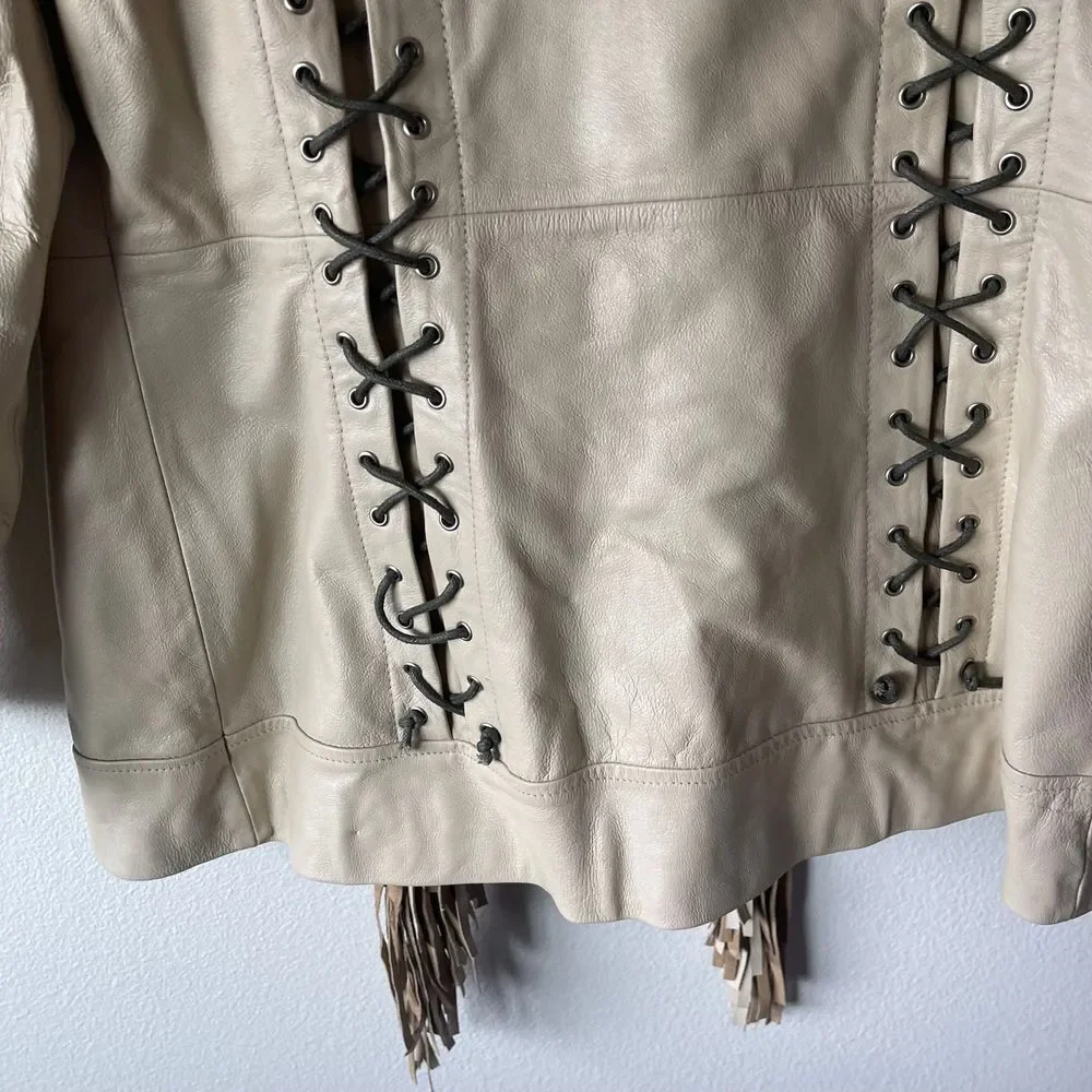 Vintage Lew Magram Collection White Fringe Western Pig Nappa Leather Jacket - Picture 9 of 12